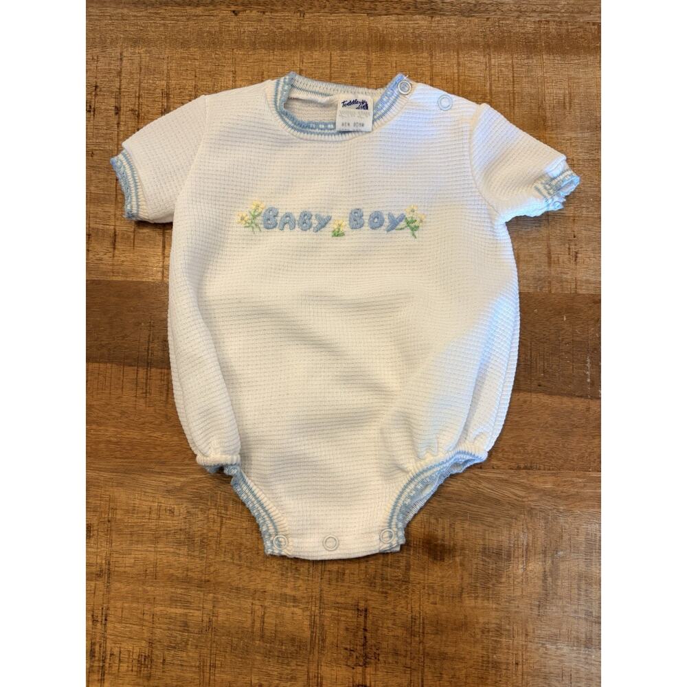 Toddle Tyke Vintage Baby one piece Snaps White With Blue Embroidery New Born